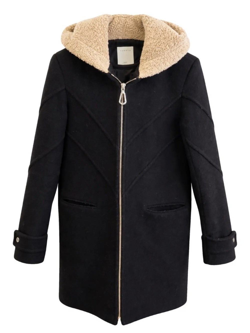 Sandro Black Wool Teddy-Lined Hooded Coat